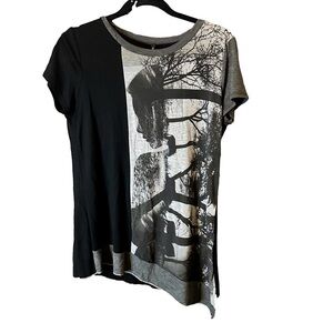 Y2K Edista Forest Woman Asymmetrical Soft Cozy Black Grey Short Sleeve Top Sz M